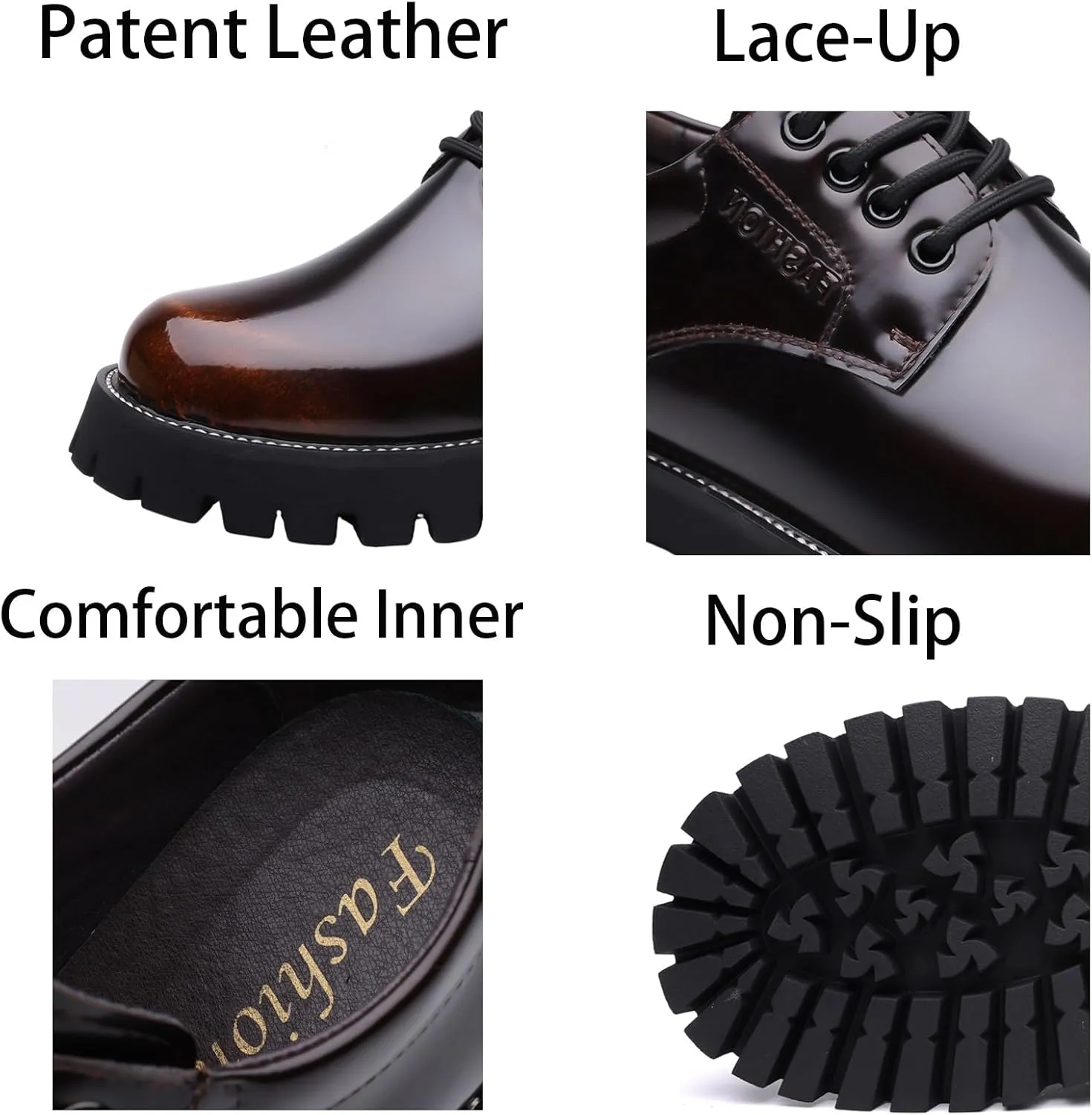Mens Patent Leather Lace-Up Platform Dress Oxfords Shoes Casual Round Toe Non Slip Chunky Heels Derby Shoes for Formal Business Wedding