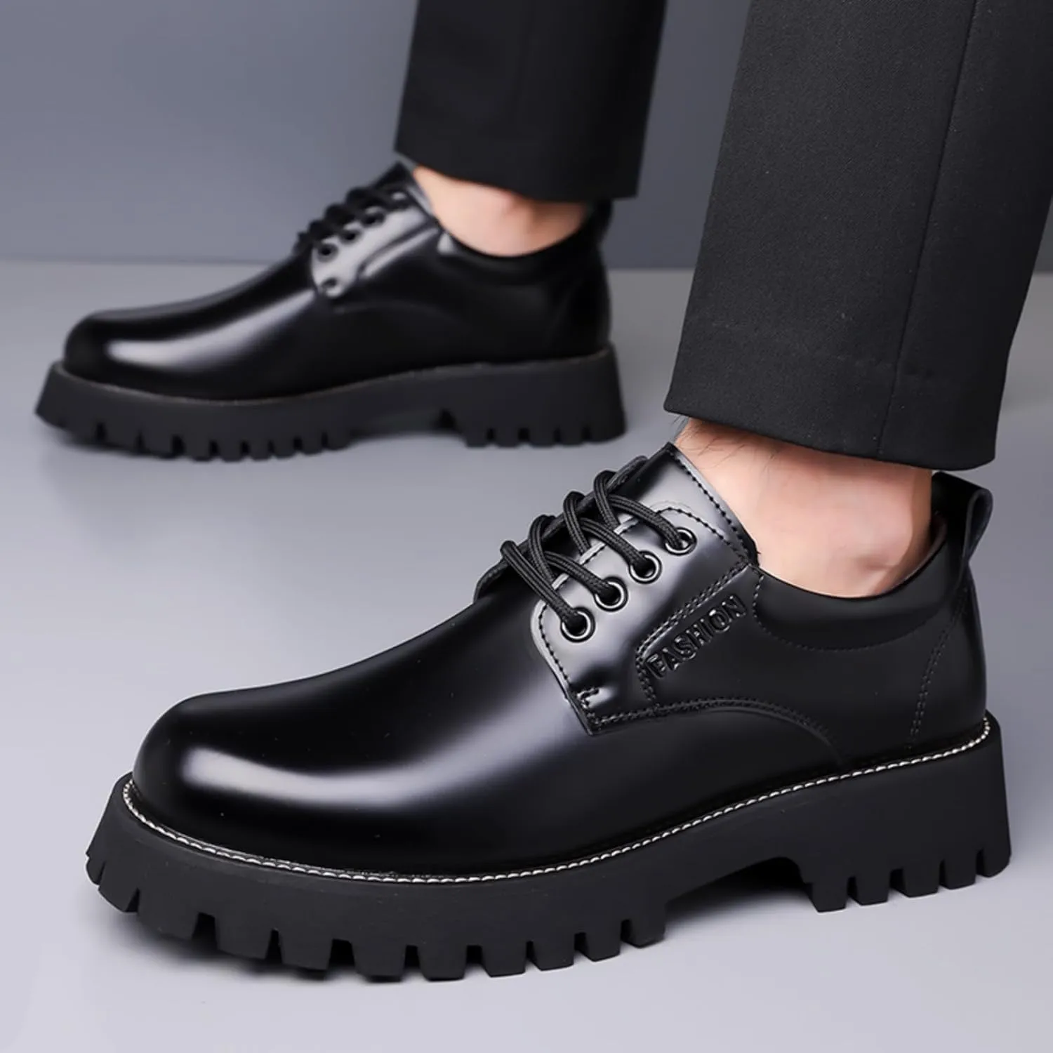 Mens Patent Leather Lace-Up Platform Dress Oxfords Shoes Casual Round Toe Non Slip Chunky Heels Derby Shoes for Formal Business Wedding