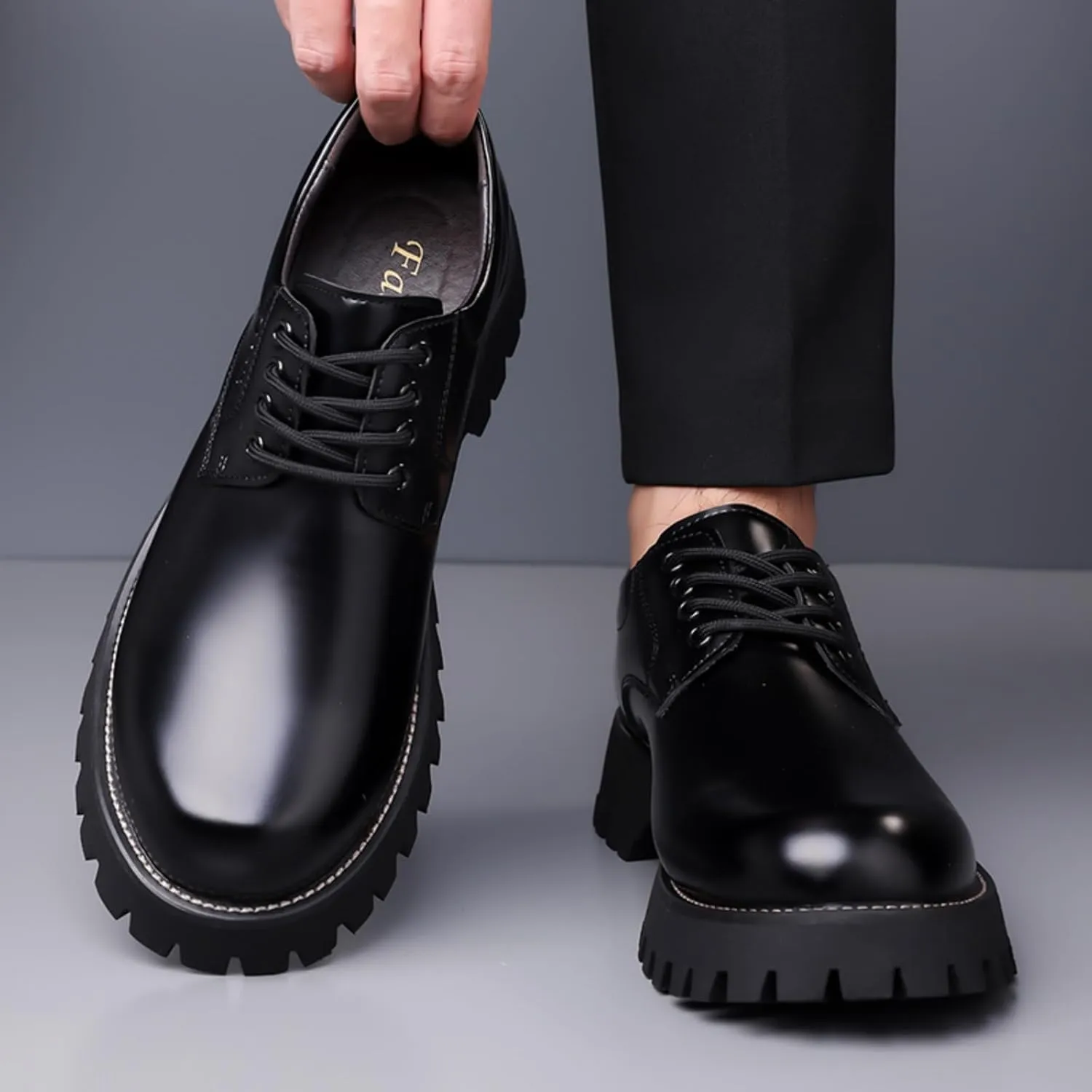 Mens Patent Leather Lace-Up Platform Dress Oxfords Shoes Casual Round Toe Non Slip Chunky Heels Derby Shoes for Formal Business Wedding