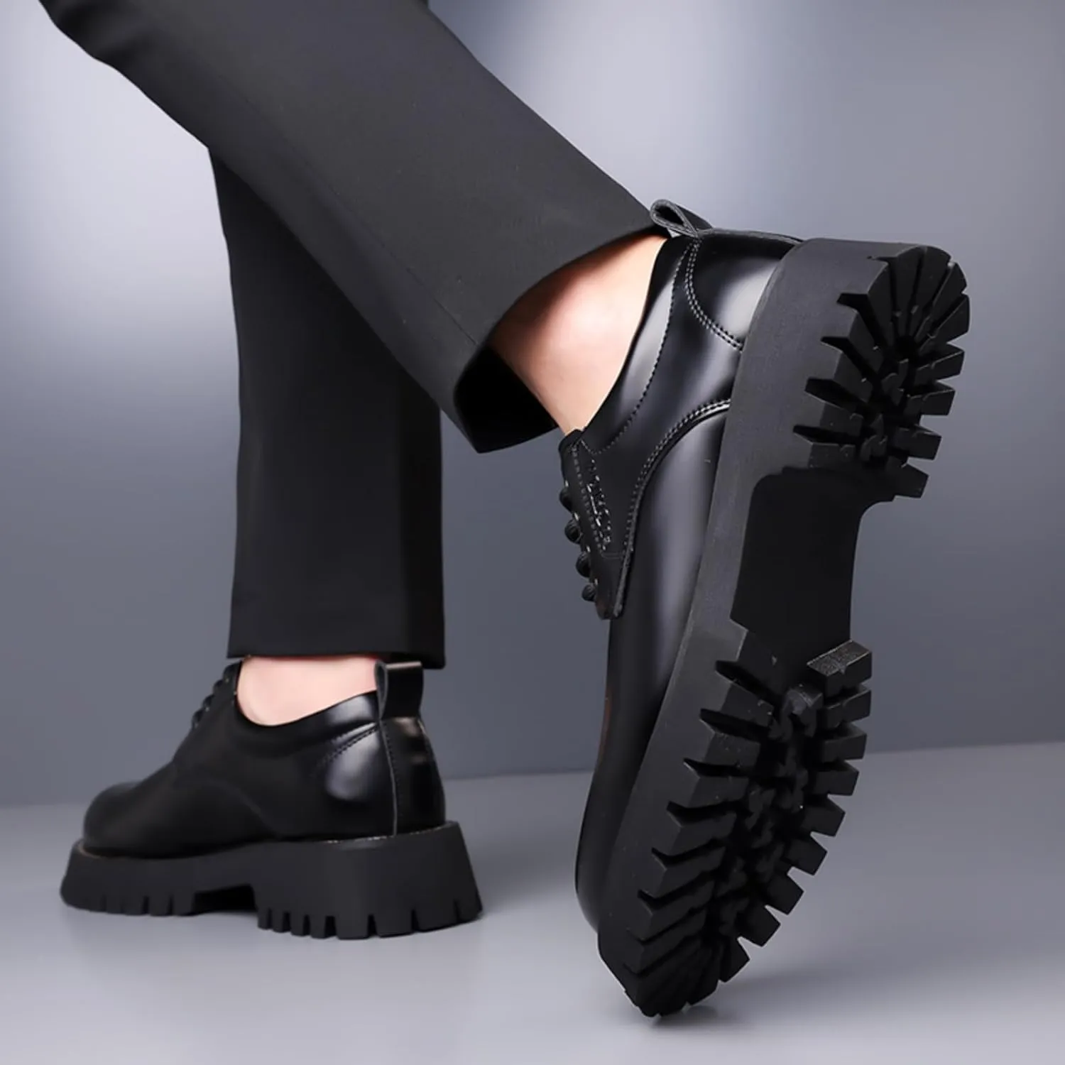 Mens Patent Leather Lace-Up Platform Dress Oxfords Shoes Casual Round Toe Non Slip Chunky Heels Derby Shoes for Formal Business Wedding