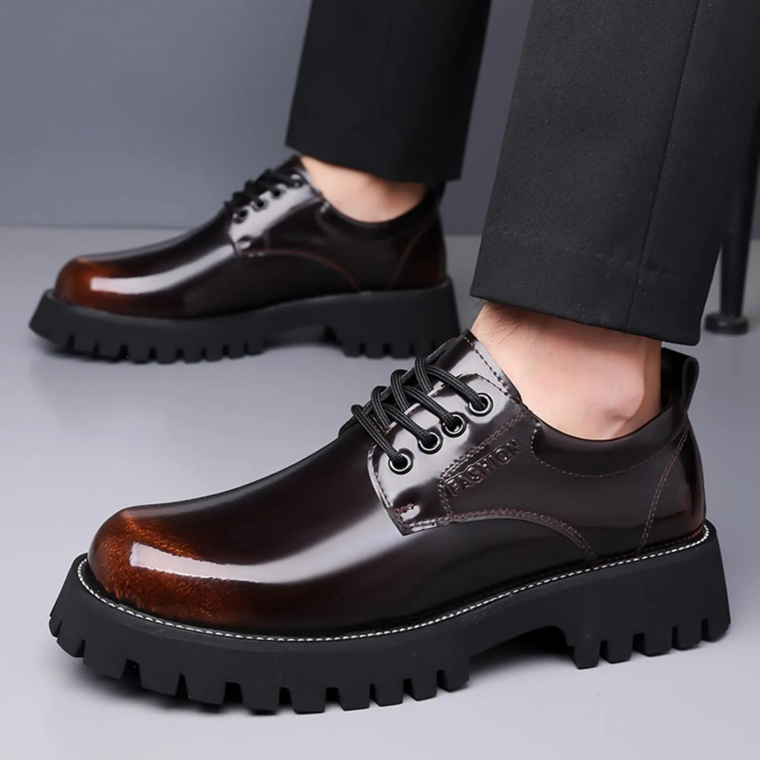 Mens Patent Leather Lace-Up Platform Dress Oxfords Shoes Casual Round Toe Non Slip Chunky Heels Derby Shoes for Formal Business Wedding
