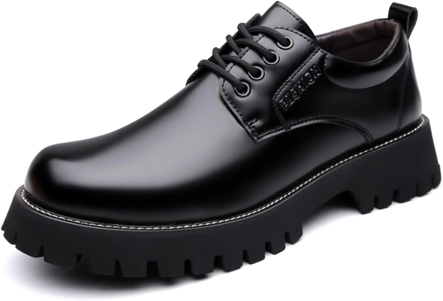 Mens Patent Leather Lace-Up Platform Dress Oxfords Shoes Casual Round Toe Non Slip Chunky Heels Derby Shoes for Formal Business Wedding