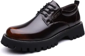 Mens Patent Leather Lace-Up Platform Dress Oxfords Shoes Casual Round Toe Non Slip Chunky Heels Derby Shoes for Formal Business Wedding