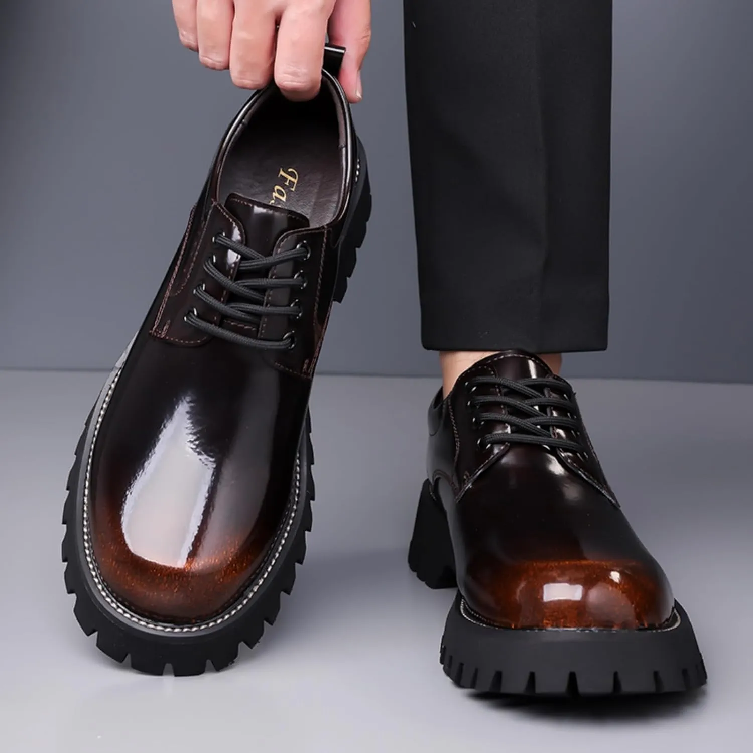 Mens Patent Leather Lace-Up Platform Dress Oxfords Shoes Casual Round Toe Non Slip Chunky Heels Derby Shoes for Formal Business Wedding