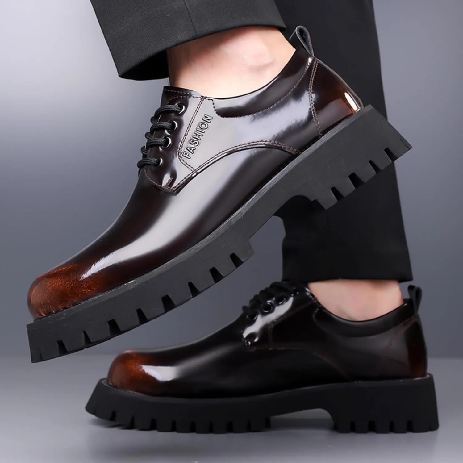 Mens Patent Leather Lace-Up Platform Dress Oxfords Shoes Casual Round Toe Non Slip Chunky Heels Derby Shoes for Formal Business Wedding