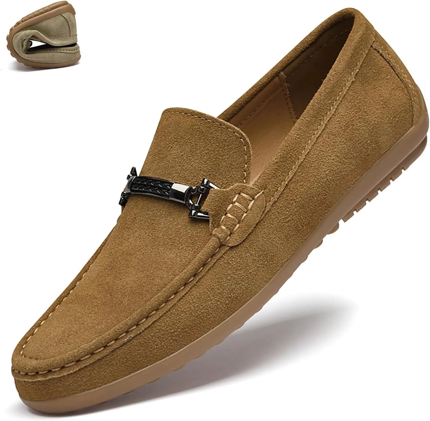 Men's Suede Metal Buckle Flat Penny Loafers Fashion Round Toe Slip-On Softsole Dress Moccasin Driving Shoes Comfort Office Work Boat Shoes