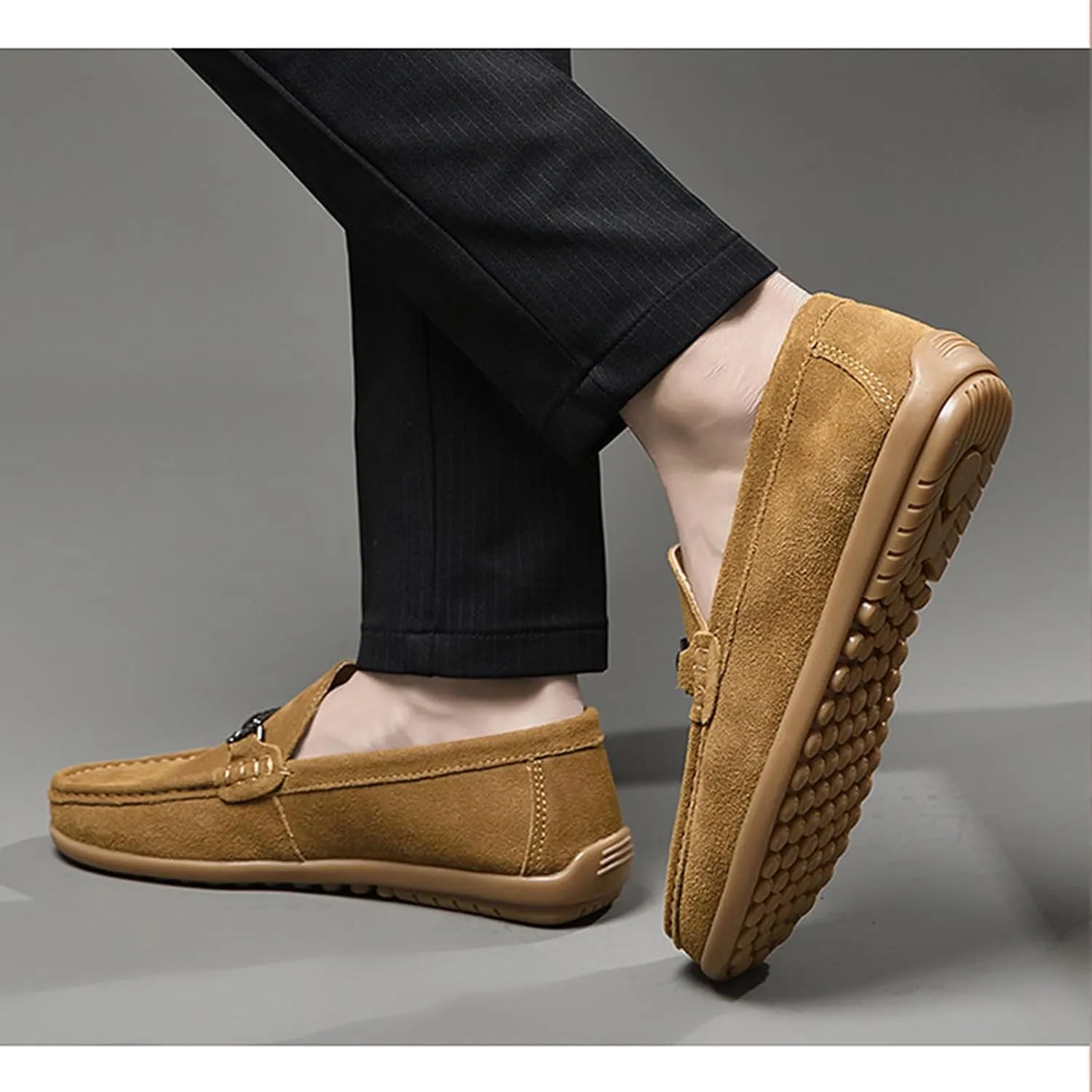 Men's Suede Metal Buckle Flat Penny Loafers Fashion Round Toe Slip-On Softsole Dress Moccasin Driving Shoes Comfort Office Work Boat Shoes