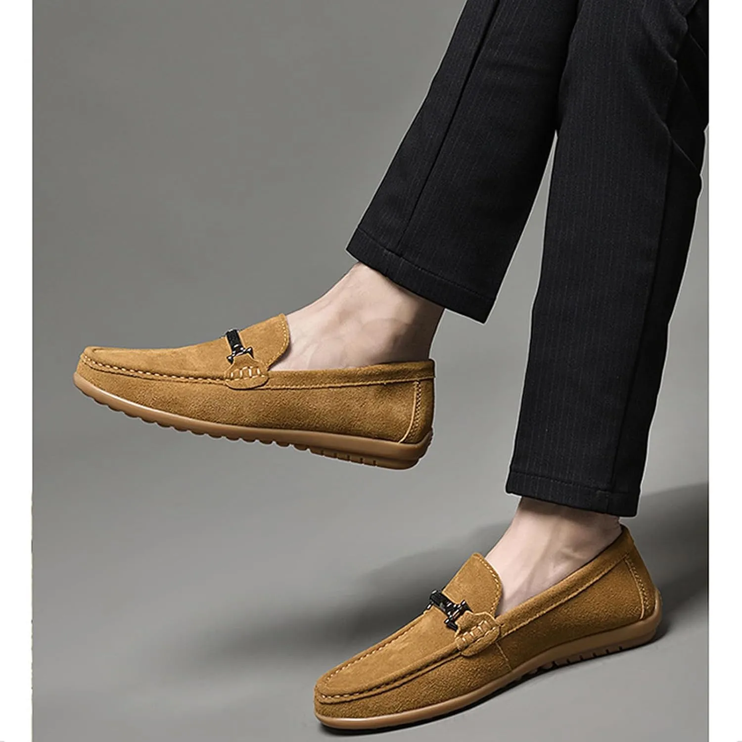Men's Suede Metal Buckle Flat Penny Loafers Fashion Round Toe Slip-On Softsole Dress Moccasin Driving Shoes Comfort Office Work Boat Shoes