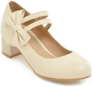 MIOKE Women's Chunky Mid Block Heel Mary Jane Pumps Round Toe Sweet Bows Comfy Wedding Evening Dress Shoes