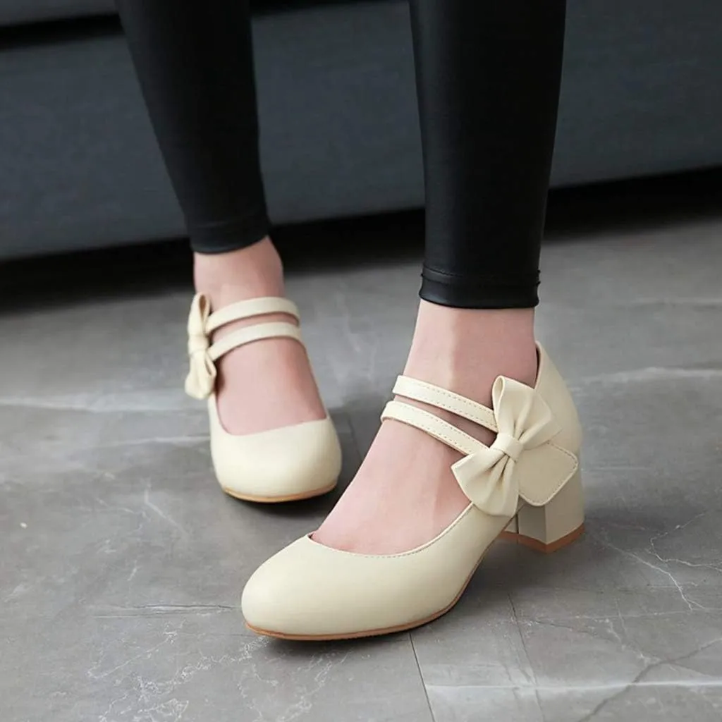 MIOKE Women's Chunky Mid Block Heel Mary Jane Pumps Round Toe Sweet Bows Comfy Wedding Evening Dress Shoes