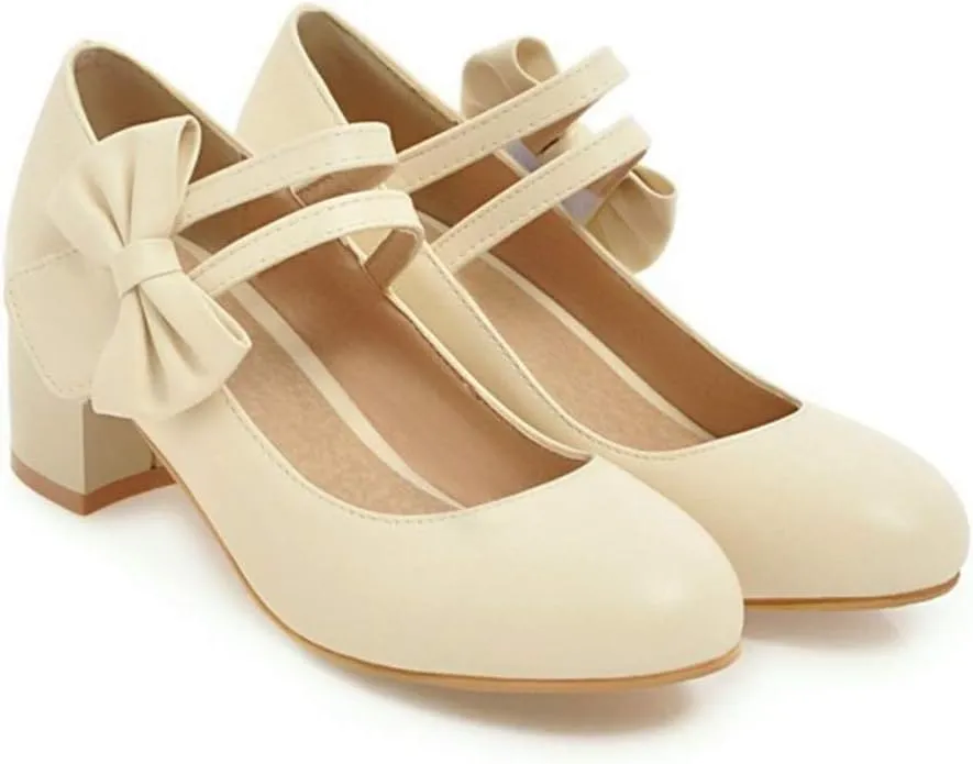 MIOKE Women's Chunky Mid Block Heel Mary Jane Pumps Round Toe Sweet Bows Comfy Wedding Evening Dress Shoes
