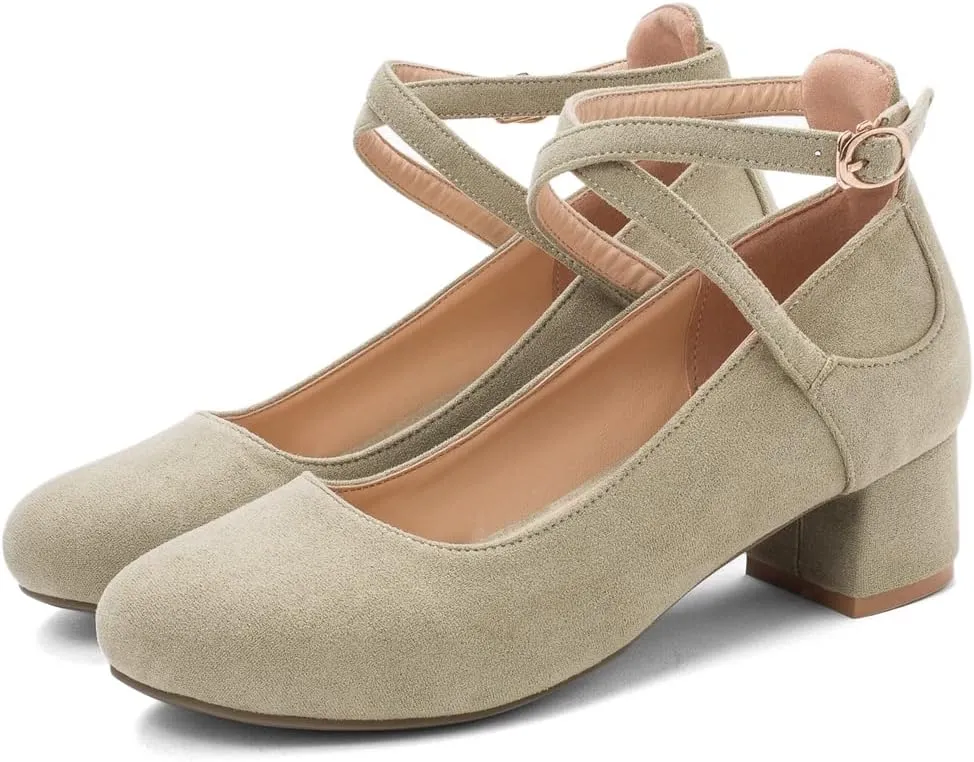 MIOKE Women's Square Toe Buckle Pump Loafer Slip-On Suede Chunky Block Mid Heel Casual Office Dress Shoes
