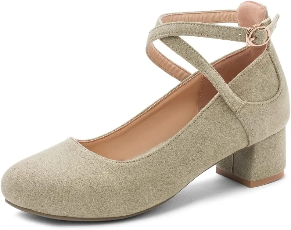 MIOKE Women's Square Toe Buckle Pump Loafer Slip-On Suede Chunky Block Mid Heel Casual Office Dress Shoes