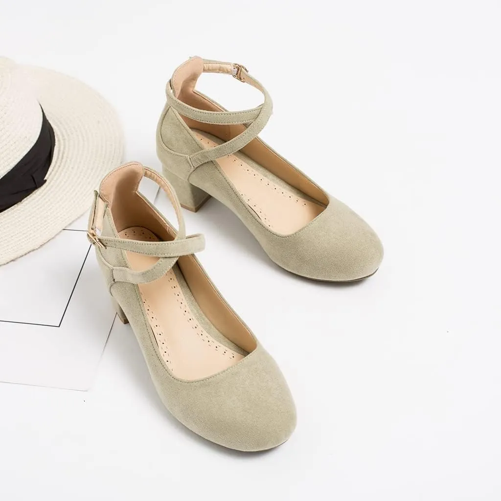MIOKE Women's Square Toe Buckle Pump Loafer Slip-On Suede Chunky Block Mid Heel Casual Office Dress Shoes