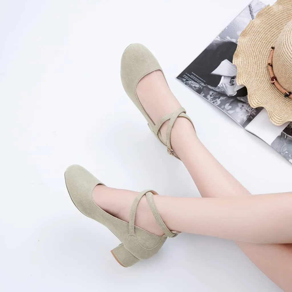 MIOKE Women's Square Toe Buckle Pump Loafer Slip-On Suede Chunky Block Mid Heel Casual Office Dress Shoes