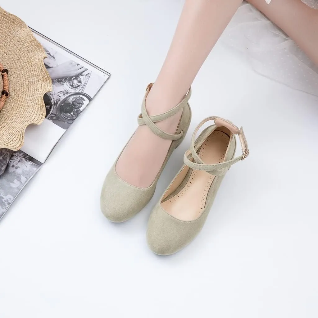 MIOKE Women's Square Toe Buckle Pump Loafer Slip-On Suede Chunky Block Mid Heel Casual Office Dress Shoes