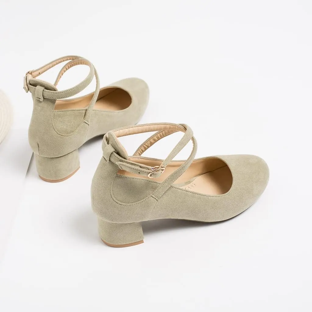 MIOKE Women's Square Toe Buckle Pump Loafer Slip-On Suede Chunky Block Mid Heel Casual Office Dress Shoes