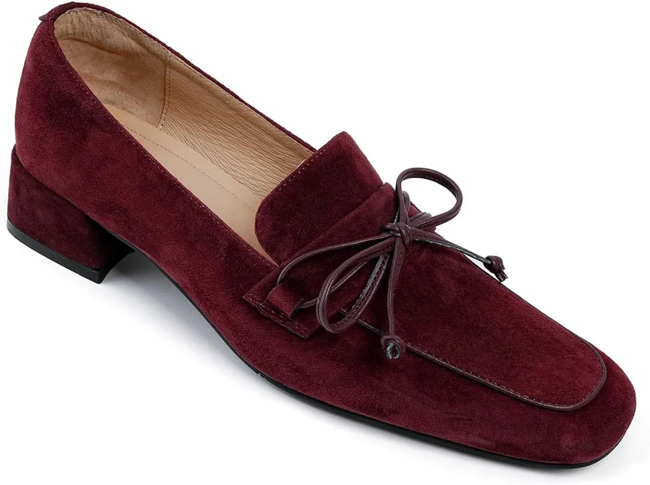 MOOMMO Women Chunky Low Heel Loafers Bow Suede Slip On Closed Square Toe Loafer Shoes Oxfords Comfy 1 Inch Block Heels Dress Shoes Pumps Office Work Pumps Vintage Retro Comfy 4-11 M US