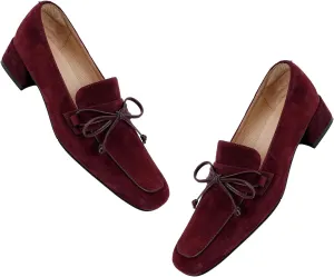 MOOMMO Women Chunky Low Heel Loafers Bow Suede Slip On Closed Square Toe Loafer Shoes Oxfords Comfy 1 Inch Block Heels Dress Shoes Pumps Office Work Pumps Vintage Retro Comfy 4-11 M US