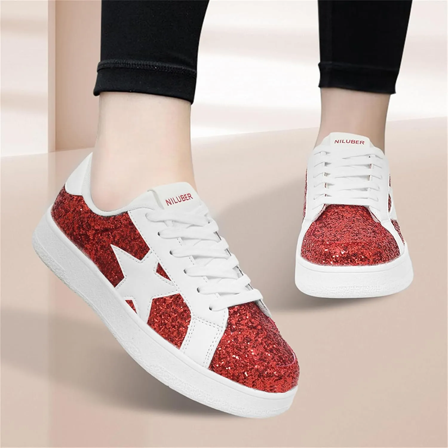 Niluber Star Sneakers for Women Low Top Comfortable Cushioned White Gold Sliver Leopard Platform Sneakers Lace Up Red Glitter Platform Party Shoes
