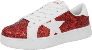 Niluber Star Sneakers for Women Low Top Comfortable Cushioned White Gold Sliver Leopard Platform Sneakers Lace Up Red Glitter Platform Party Shoes