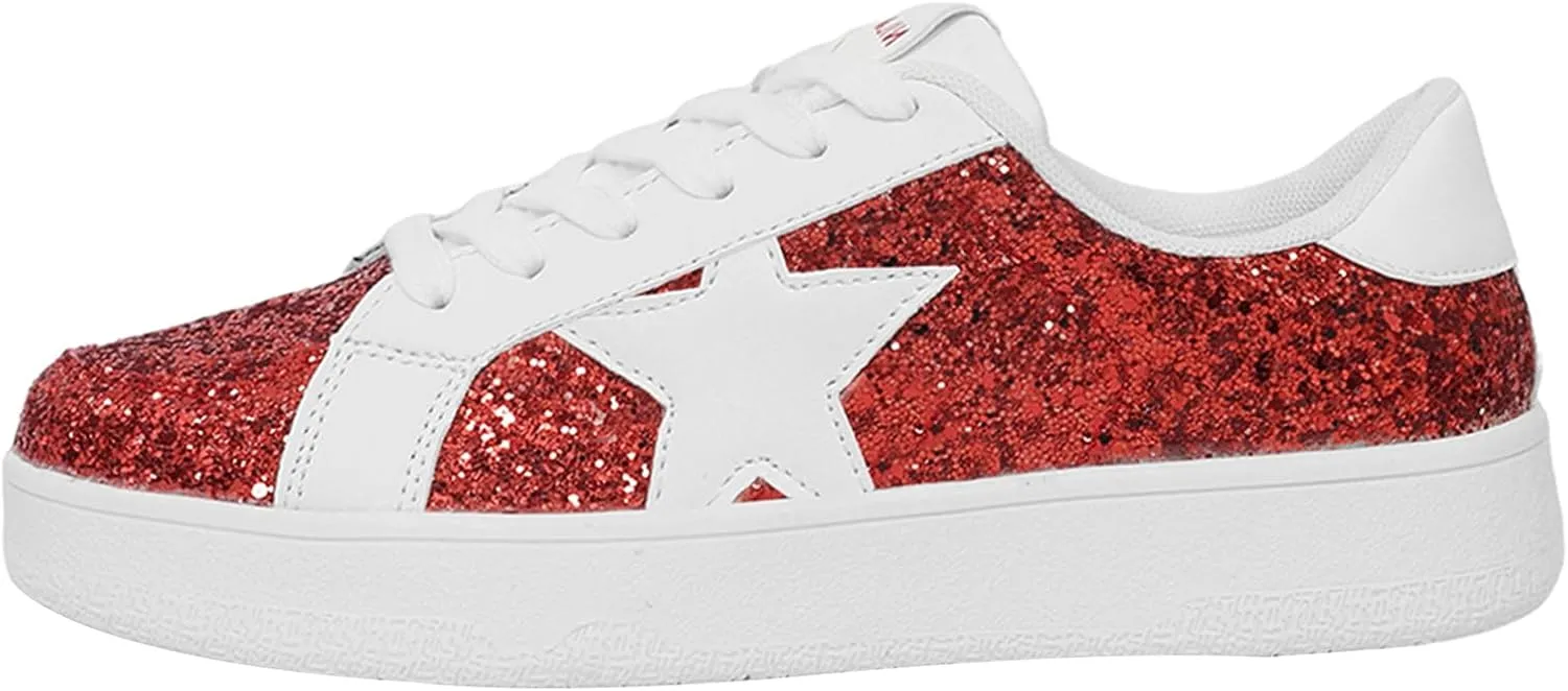 Niluber Star Sneakers for Women Low Top Comfortable Cushioned White Gold Sliver Leopard Platform Sneakers Lace Up Red Glitter Platform Party Shoes