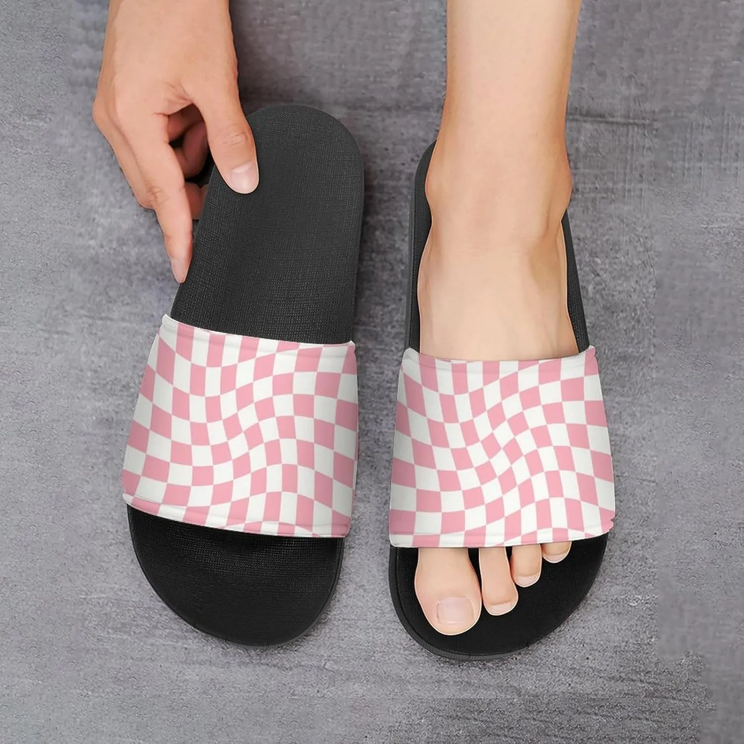 Pastel Pink Checked Warped Slippers for Women Rubber Slides Womens Sandal Slippers