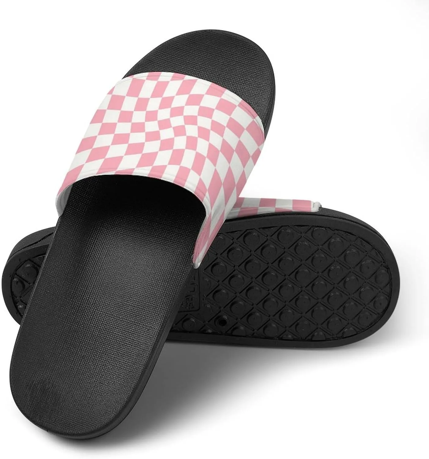 Pastel Pink Checked Warped Slippers for Women Rubber Slides Womens Sandal Slippers
