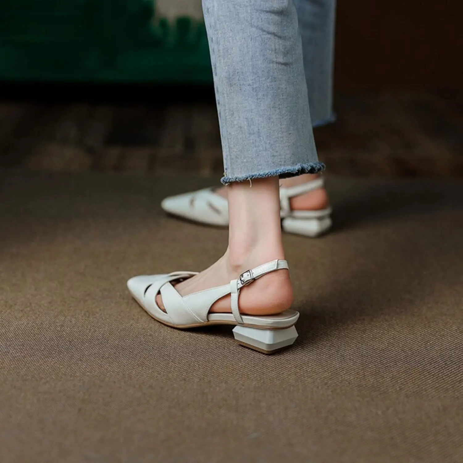 Sandals For Women Women Shoes Square Toe Chunky Heel Women Sandals Split Leather Solid Low Heels Concise Shoes for Women