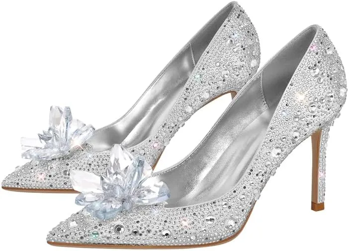 sexytag Women's Crystal Rhinestone Poined Toe Pumps Clear Stiletto High Heels