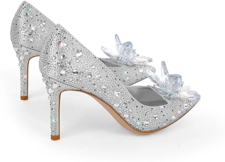 sexytag Women's Crystal Rhinestone Poined Toe Pumps Clear Stiletto High Heels