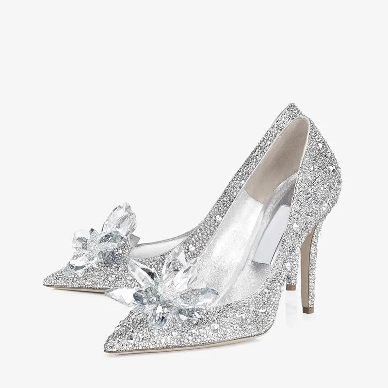 sexytag Women's Crystal Rhinestone Poined Toe Pumps Clear Stiletto High Heels