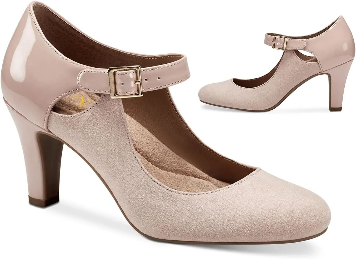 SHODENSE Women Kitten Heel Mary Jane Pumps Round Closed Toe Ankle Strap Mary Janes Patchwork 3 Inch Mid Chunky Heel Dress Sandal Pumps Two Tone Buckle Cutout Shoes Vintage Office Summer 4-13 M US