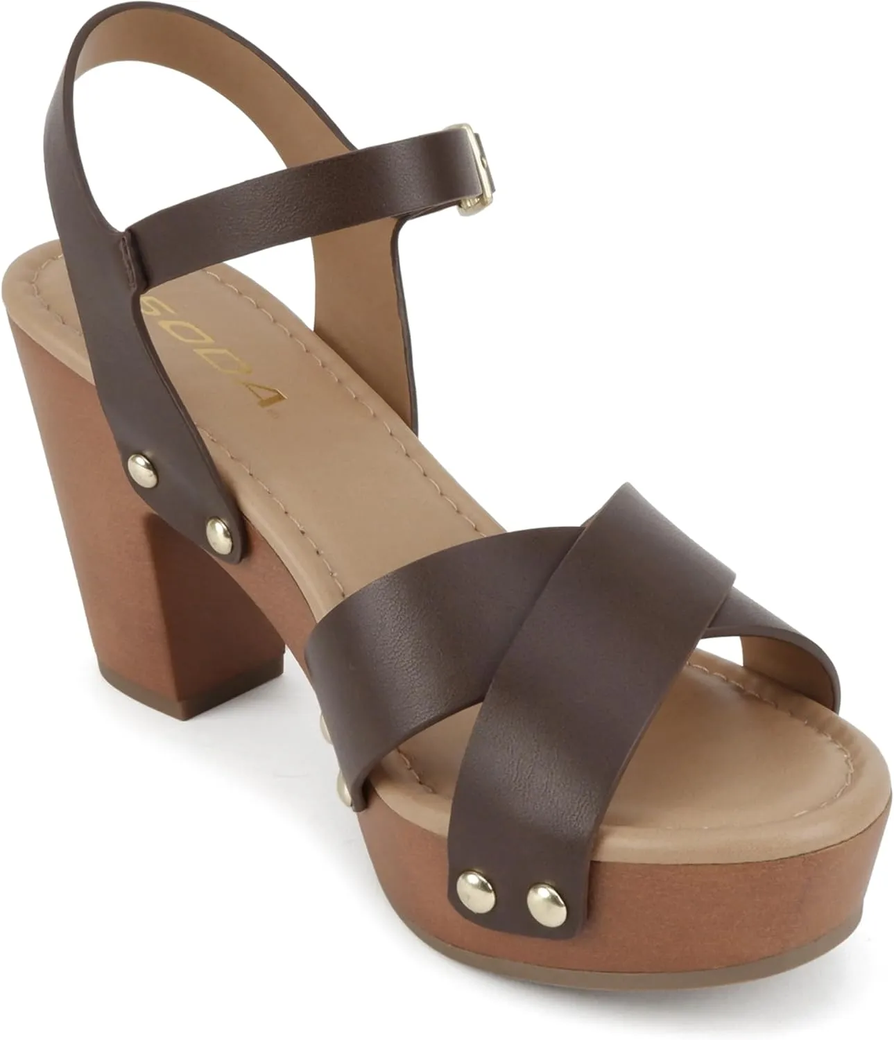 Soda MIGUEL ~ Women Crisscross Band Fashion Chunky Platform Block Mid Heel Sandal with Ankle Strap and Stud