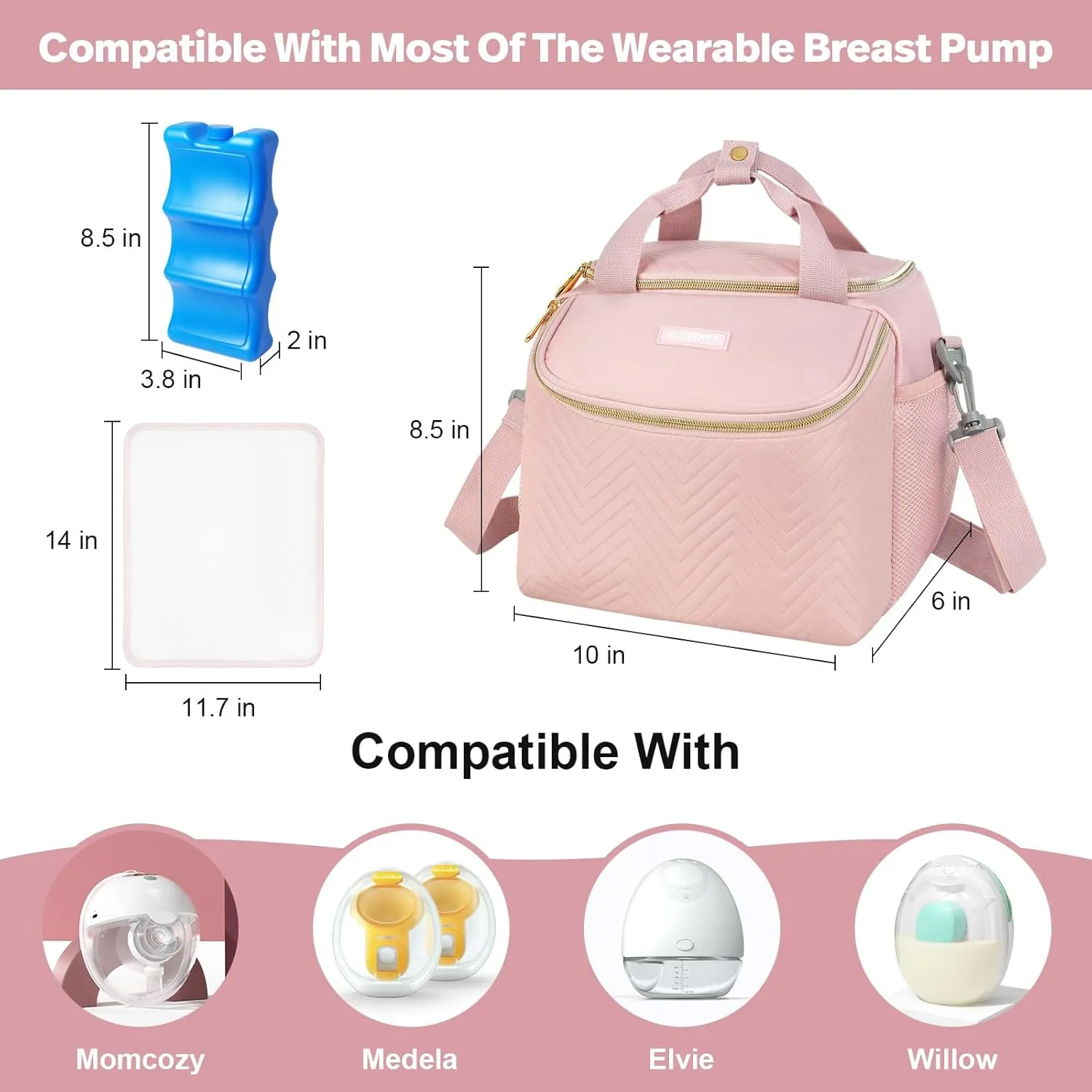 Wearable Breast Pump Bag,Breastmilk Cooler Travel Bag Compatible with Momcozy/Medela/Elvie/Willow Breast Pump with Ice Pack and Water Resistent Mat for 6 Baby Bottles Up to 9 Ounce,Pink