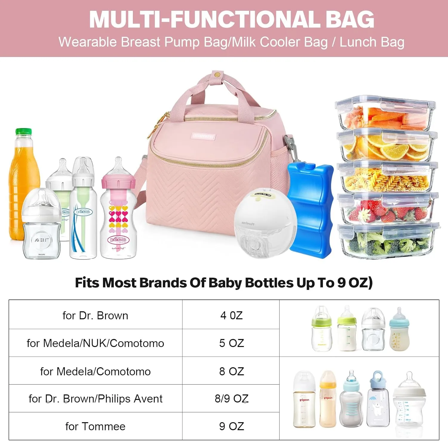 Wearable Breast Pump Bag,Breastmilk Cooler Travel Bag Compatible with Momcozy/Medela/Elvie/Willow Breast Pump with Ice Pack and Water Resistent Mat for 6 Baby Bottles Up to 9 Ounce,Pink
