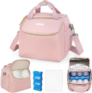 Wearable Breast Pump Bag,Breastmilk Cooler Travel Bag Compatible with Momcozy/Medela/Elvie/Willow Breast Pump with Ice Pack and Water Resistent Mat for 6 Baby Bottles Up to 9 Ounce,Pink
