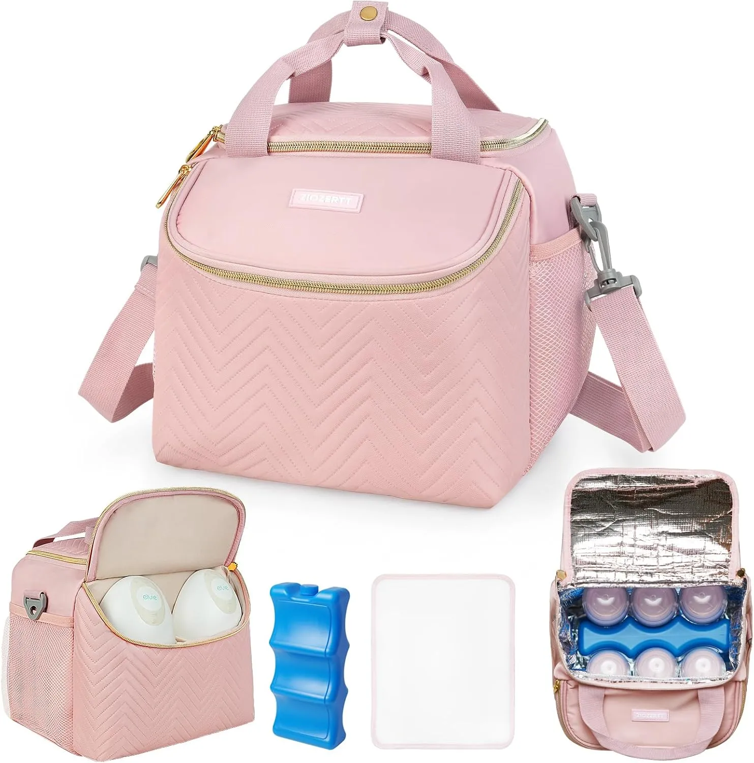 Wearable Breast Pump Bag,Breastmilk Cooler Travel Bag Compatible with Momcozy/Medela/Elvie/Willow Breast Pump with Ice Pack and Water Resistent Mat for 6 Baby Bottles Up to 9 Ounce,Pink
