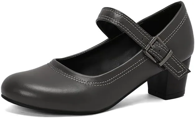 Women's Buckle Strap Round Toe Block Heel Mary Janes Pumps
