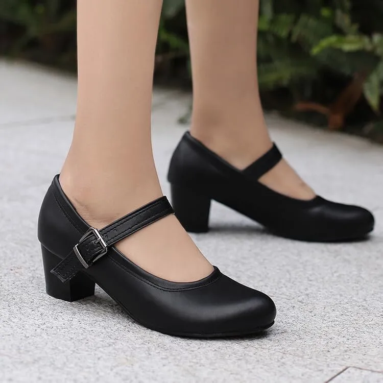 Women's Buckle Strap Round Toe Block Heel Mary Janes Pumps