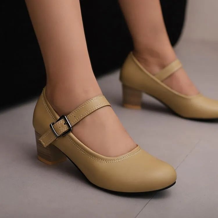 Women's Buckle Strap Round Toe Block Heel Mary Janes Pumps
