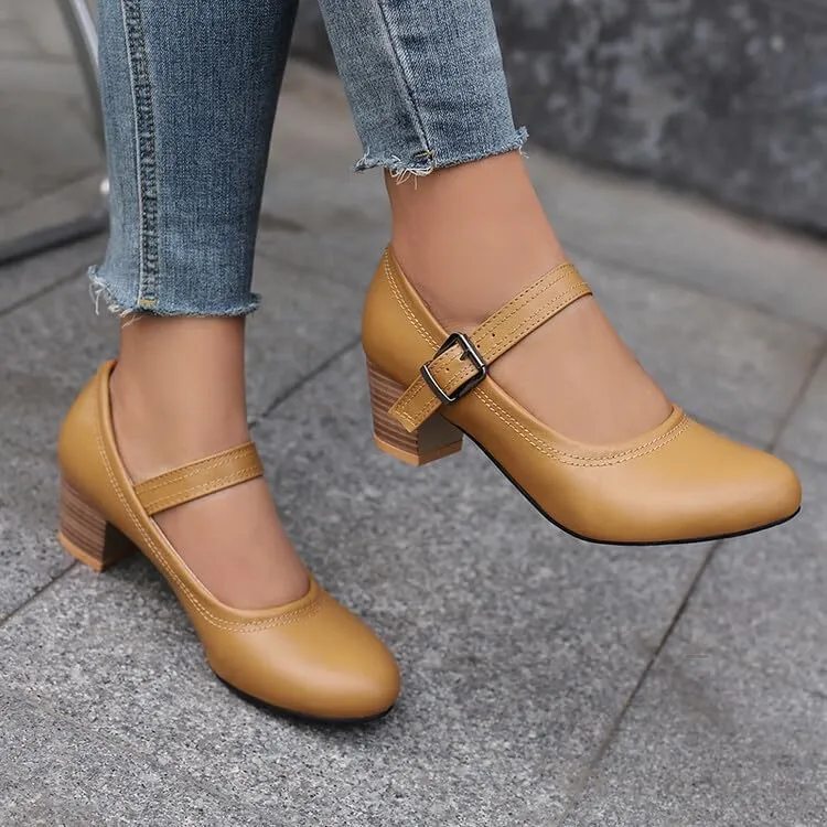 Women's Buckle Strap Round Toe Block Heel Mary Janes Pumps