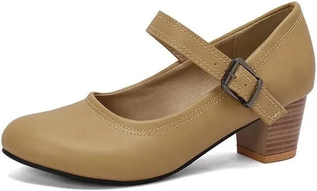 Women's Buckle Strap Round Toe Block Heel Mary Janes Pumps