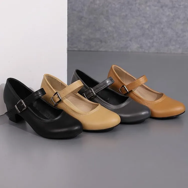Women's Buckle Strap Round Toe Block Heel Mary Janes Pumps