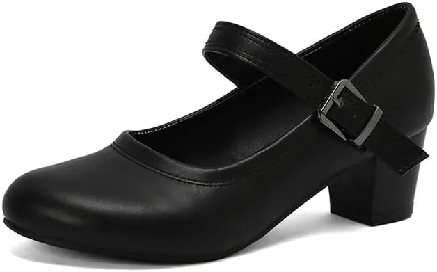 Women's Buckle Strap Round Toe Block Heel Mary Janes Pumps
