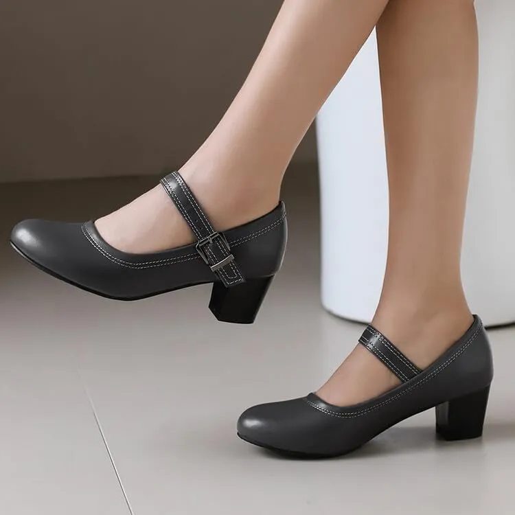 Women's Buckle Strap Round Toe Block Heel Mary Janes Pumps