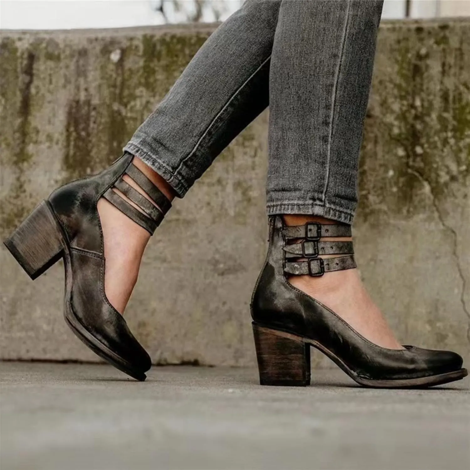 Women's Fashion Chunky Heel Block Ankle Strap Buckle Mary Jane Shoes Round Closed Toe Back Zipper Wedding Party Dress Pumps
