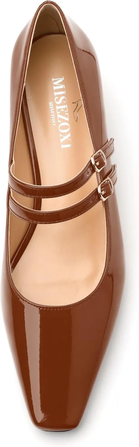 Womens Mary Jane Pumps, Square Toe Low Block Heel Pump Shoes for Women, Daily Comfort Mary Jane Pumps with Two Straps 1.3"