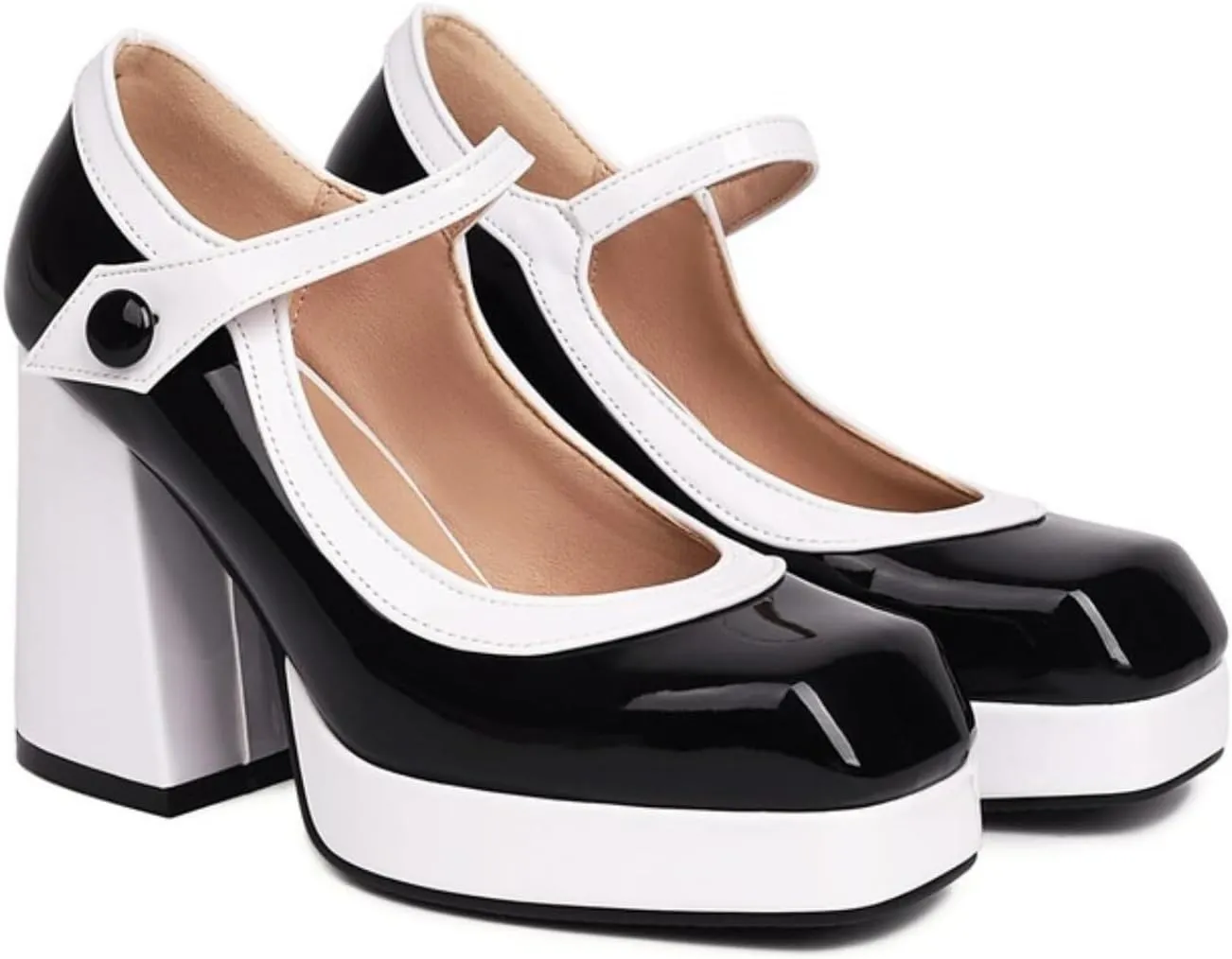Women's Platform Chunky Block High Heels Pumps Comfortable Sexy Closed Square Toe Two-Tone Mary Jane Shoes Fashion Buckle Leather Wedding Party Dress Lolita Shoe