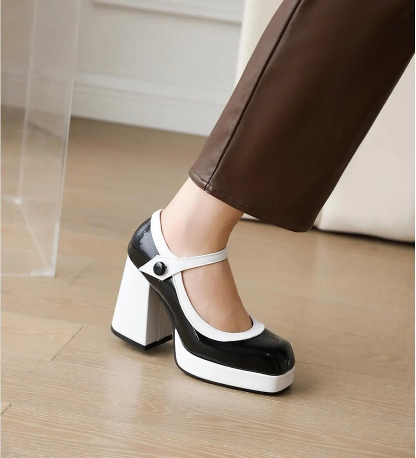 Women's Platform Chunky Block High Heels Pumps Comfortable Sexy Closed Square Toe Two-Tone Mary Jane Shoes Fashion Buckle Leather Wedding Party Dress Lolita Shoe